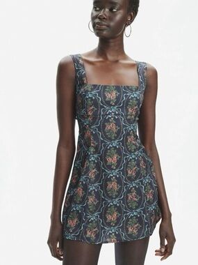 Urban Outfitters Navy Floral Square-Neck Mini Dress